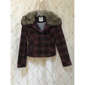 Red Black Plaid Fur Collar Moto Wool Jacket Size S